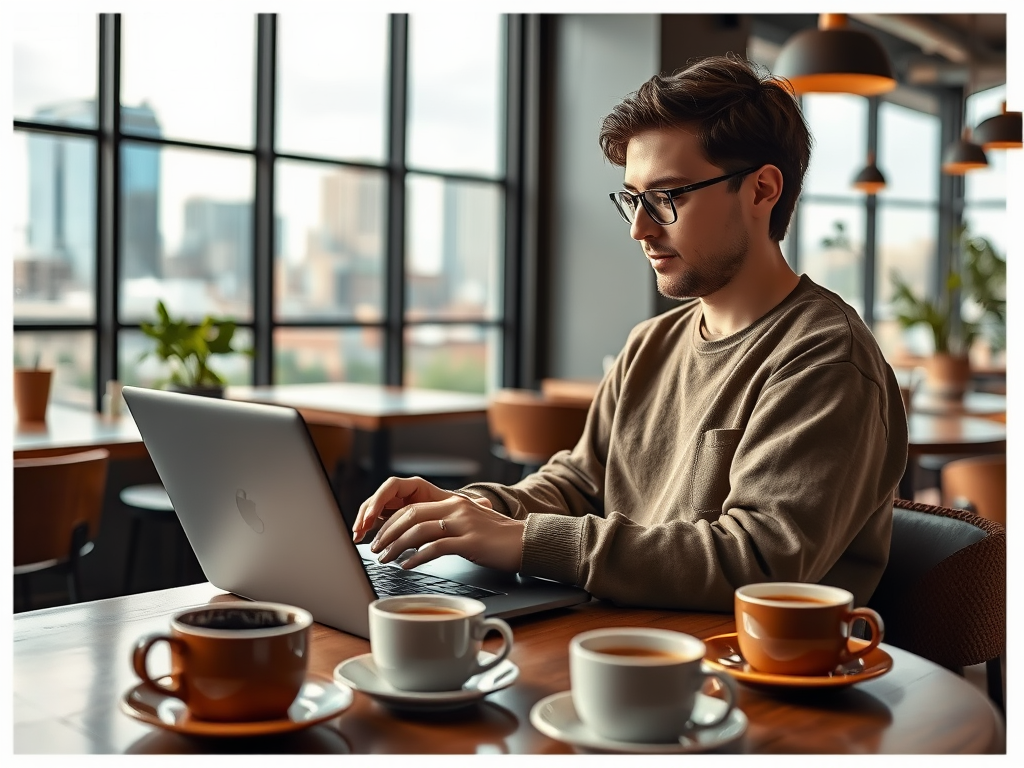 A person in a café works on a laptop, with coffee cups on the table and a city view in the background.