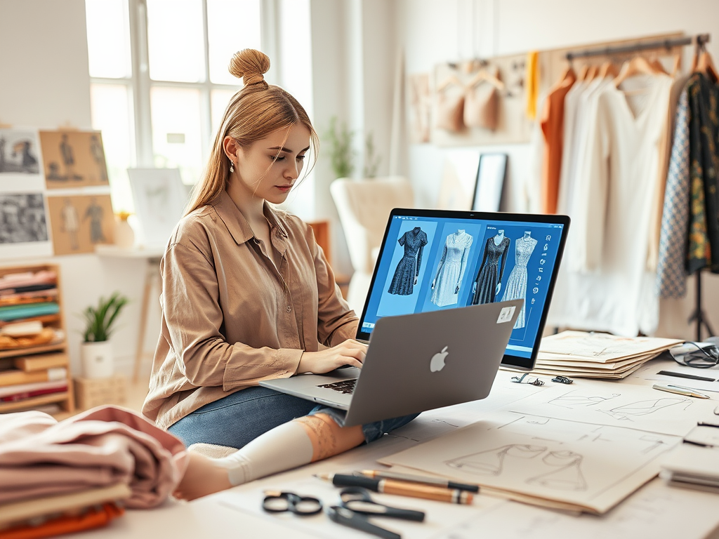 A young woman works on a laptop in a design studio, surrounded by fabric, sketches, and fashion garments.