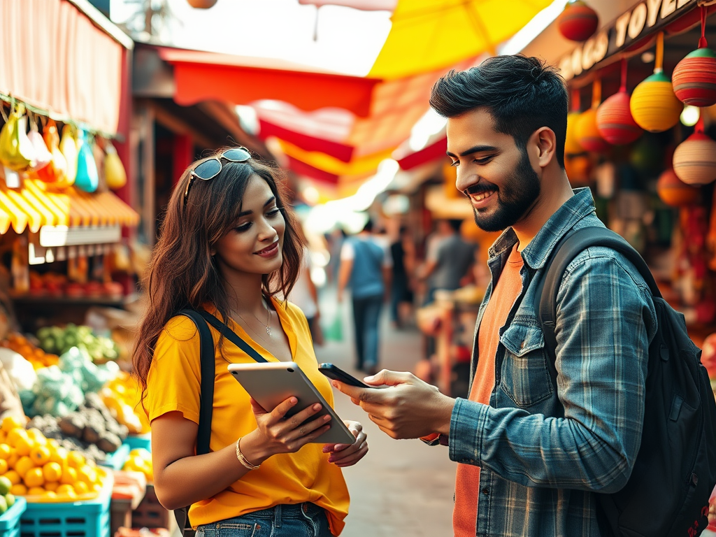 A cheerful conversation between a young man and woman, both engaged with their devices, in a colorful market setting.