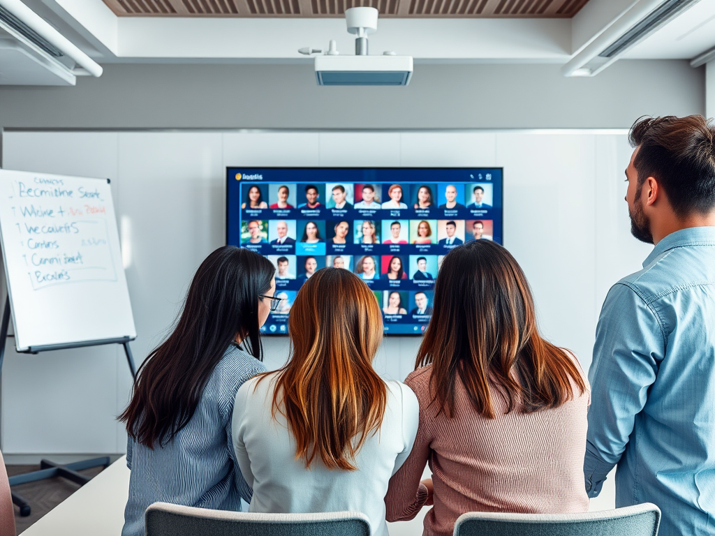 Four people are viewing a presentation on a screen displaying various faces in a modern meeting room.