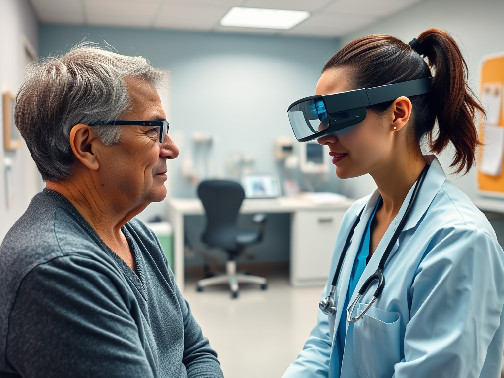 A doctor in a blue coat and smart glasses interacts with an older male patient in a clinical setting.