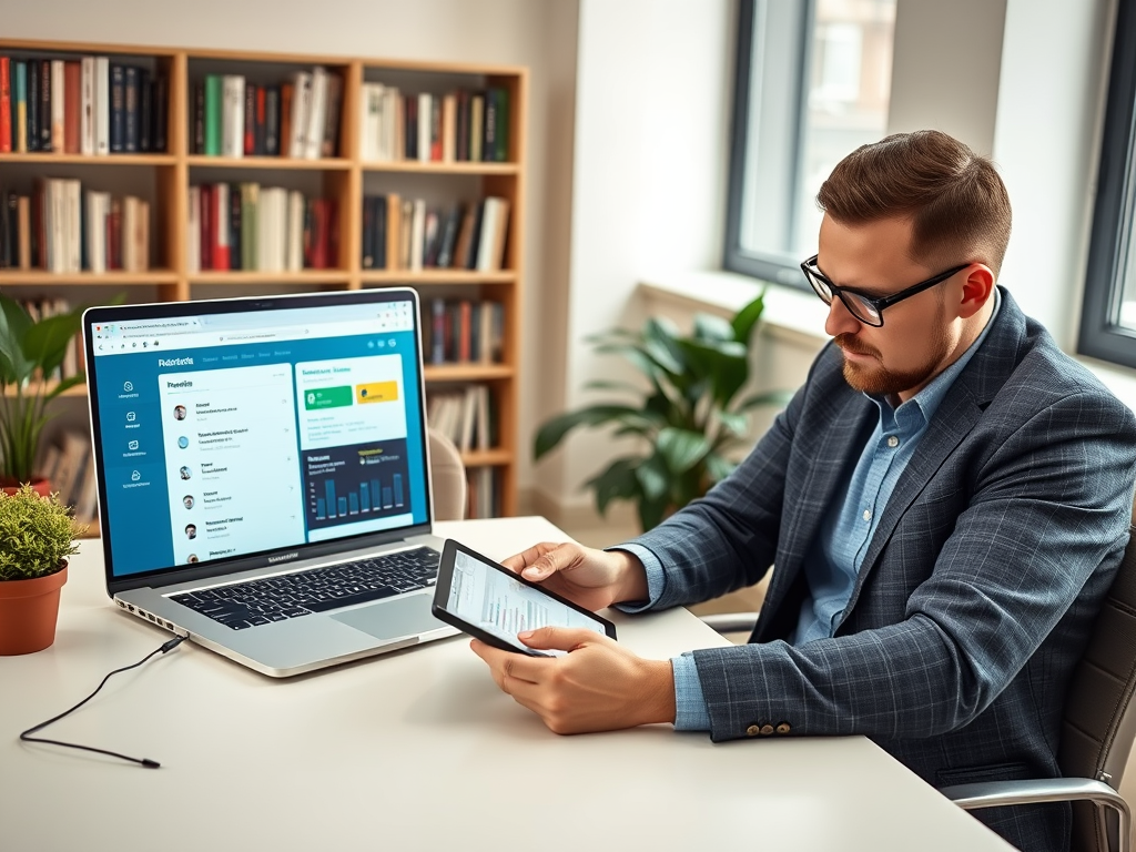 A man in a blazer uses a smartphone while sitting at a desk with a laptop, surrounded by books and plants.