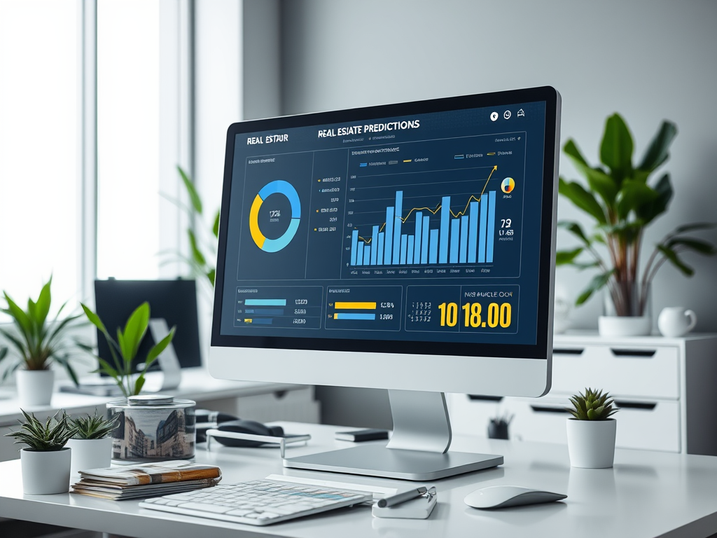 A computer monitor displays real estate prediction charts and graphs in a modern office environment with plants.