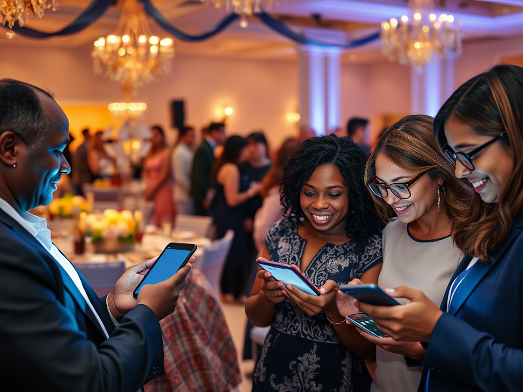 A group of four people at a festive event, focused on their smartphones, smiling and engaging with each other.