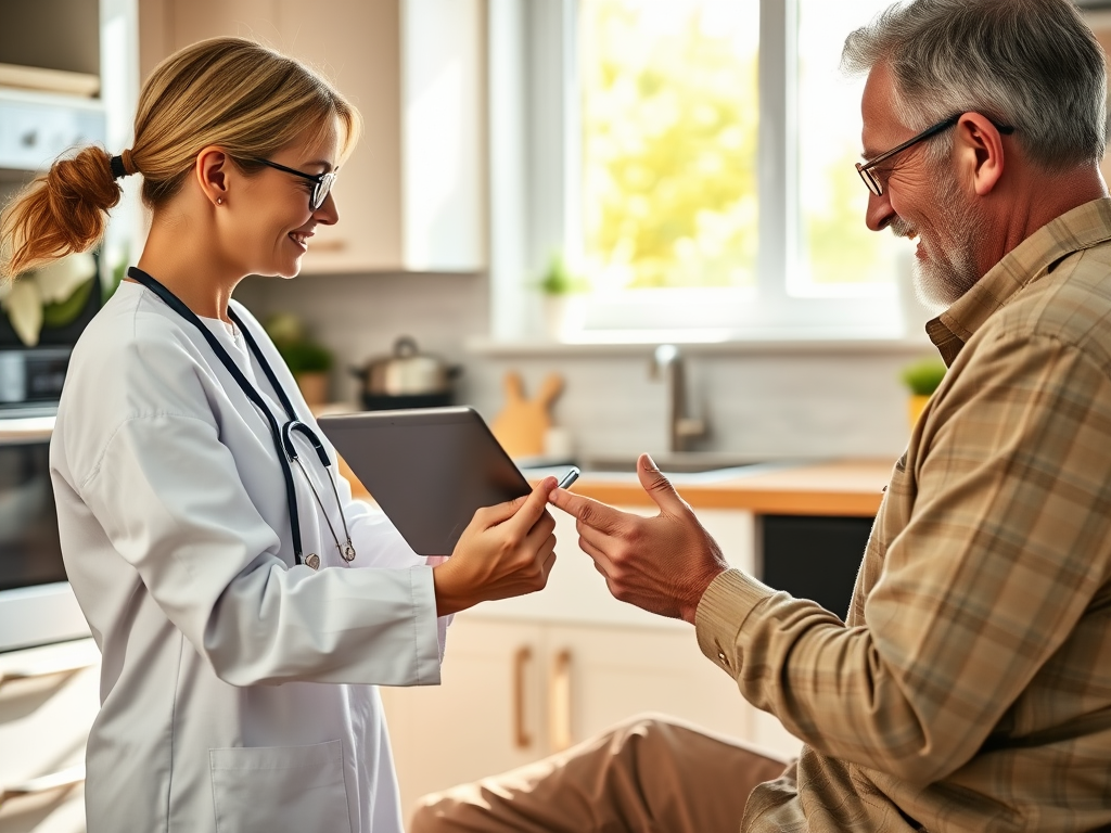 A doctor and a patient smile at each other, discussing medical information in a bright kitchen setting.