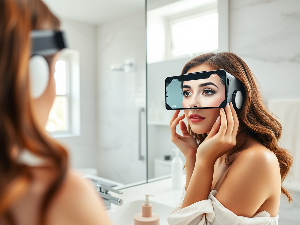 A woman examines her reflection in a phone-shaped mirror in a bright, modern bathroom.