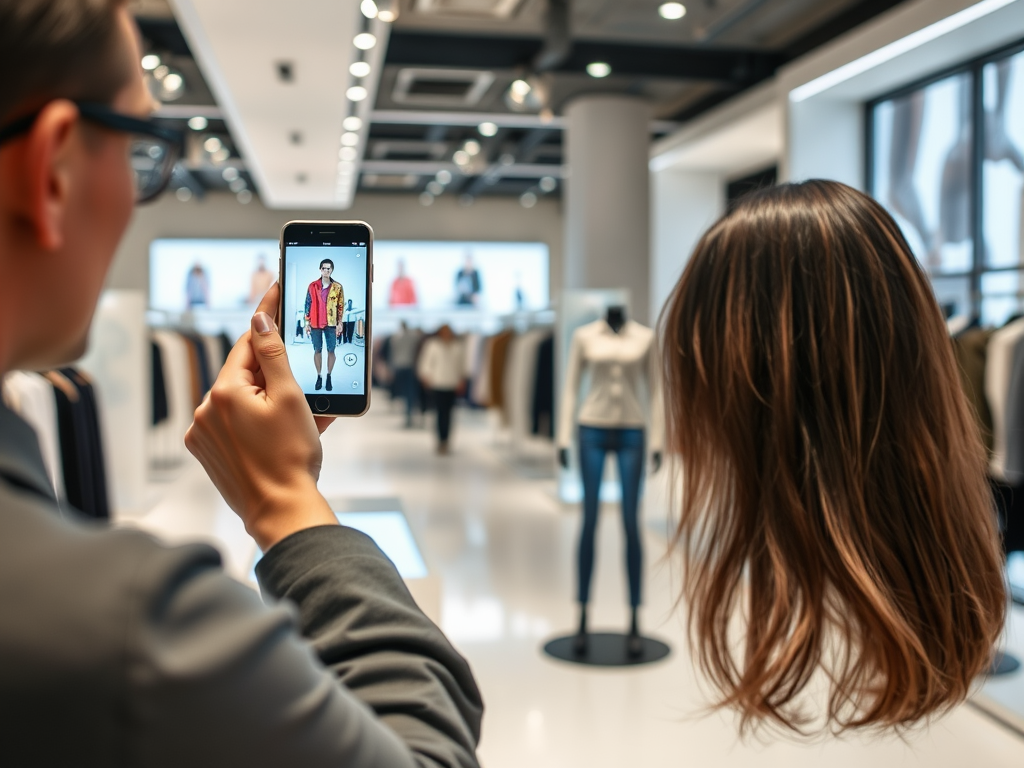 A person takes a photo of a mannequin in a clothing store, showcasing stylish outfits in a modern setting.