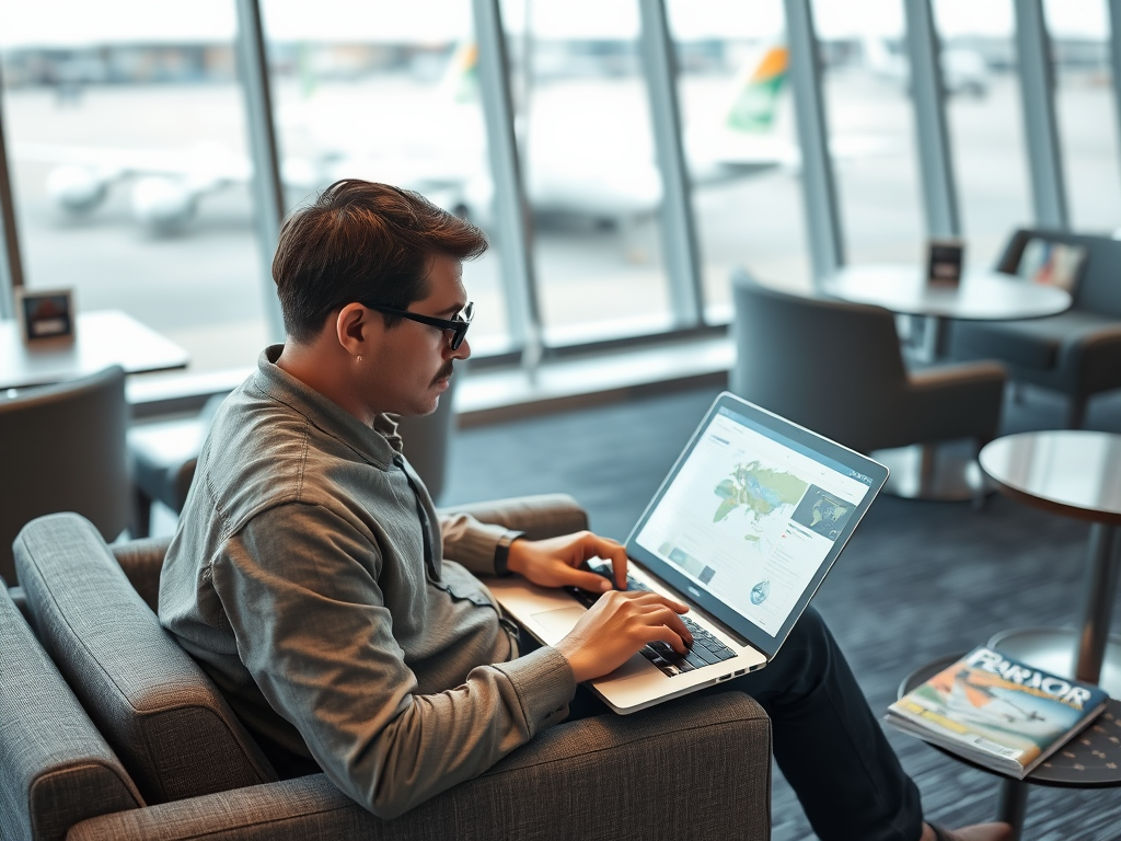 A man works on a laptop in an airport lounge, with planes visible through large windows in the background.