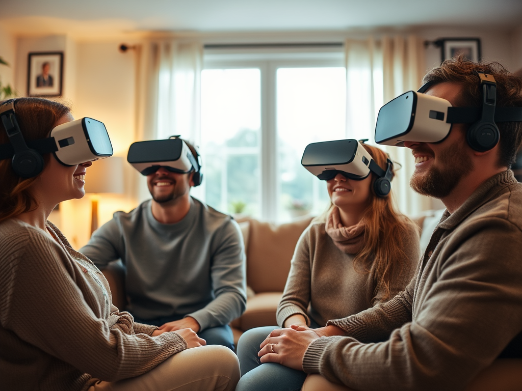 Four friends enjoying virtual reality experiences, wearing headsets and smiling in a cozy living room setting.