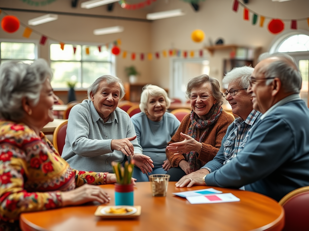 A group of six elderly friends sitting around a table, engaging in cheerful conversation in a brightly decorated room.