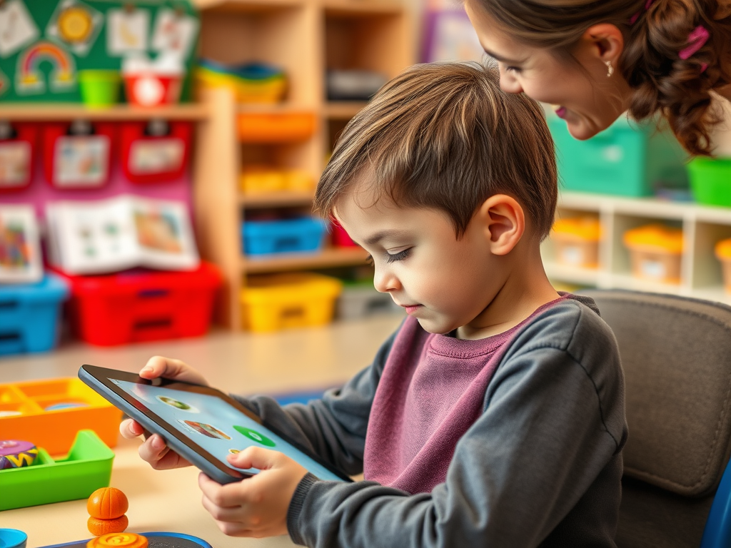 A young child focused on a tablet while a smiling adult observes from behind in a colorful classroom setting.