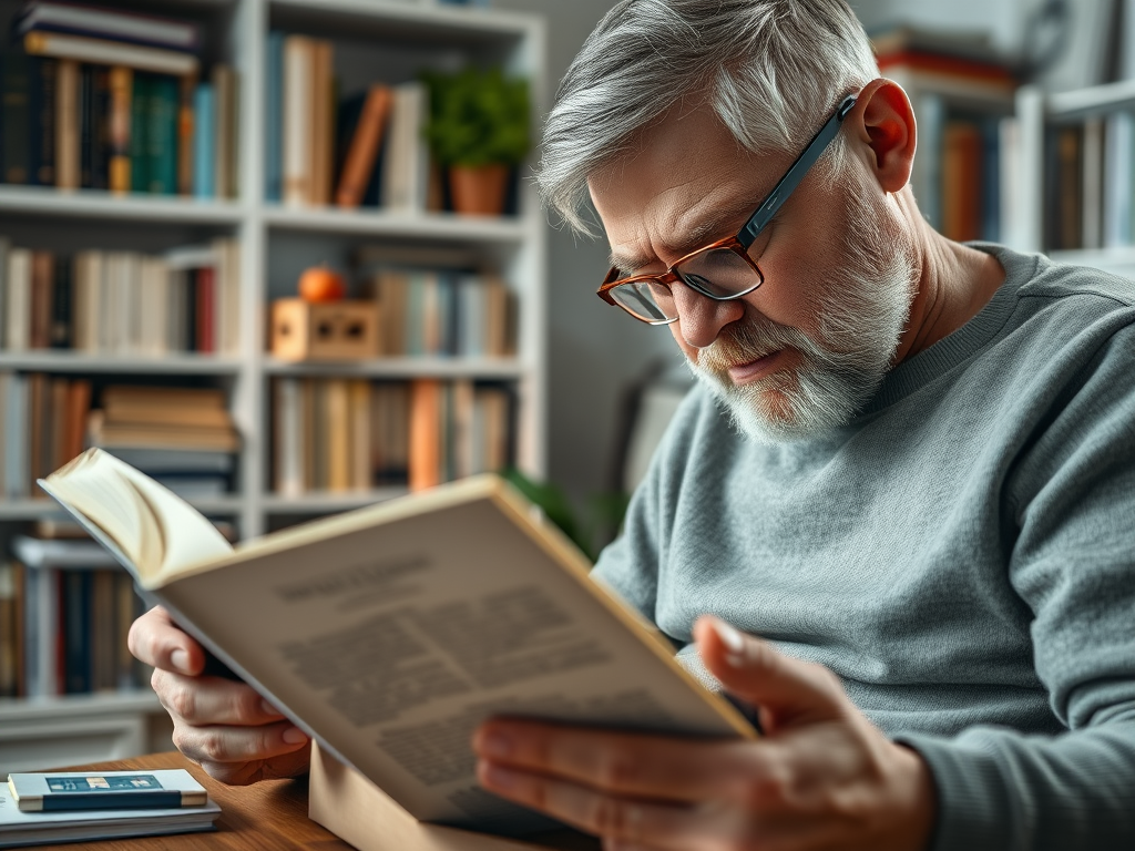 An older man with glasses sits at a table, focused on reading a book, surrounded by shelves of books.